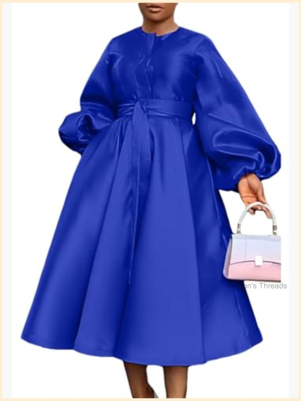 Long Sleeve Satin Dress Button Flowy A Line Formal Cocktail Dress with Belt - Picture 2 of 7